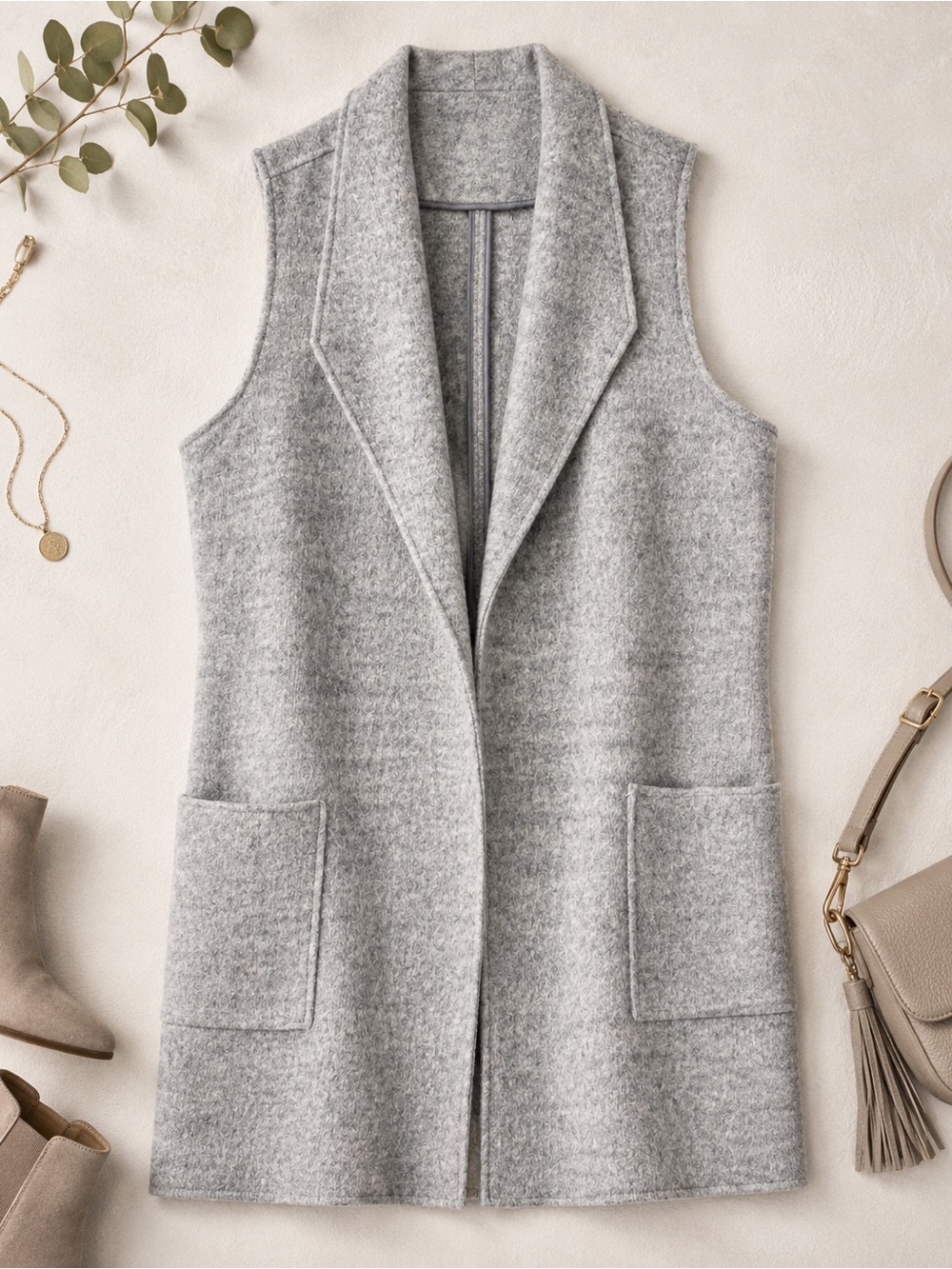 Grey Sleeveless Open-Front Sweater Vest